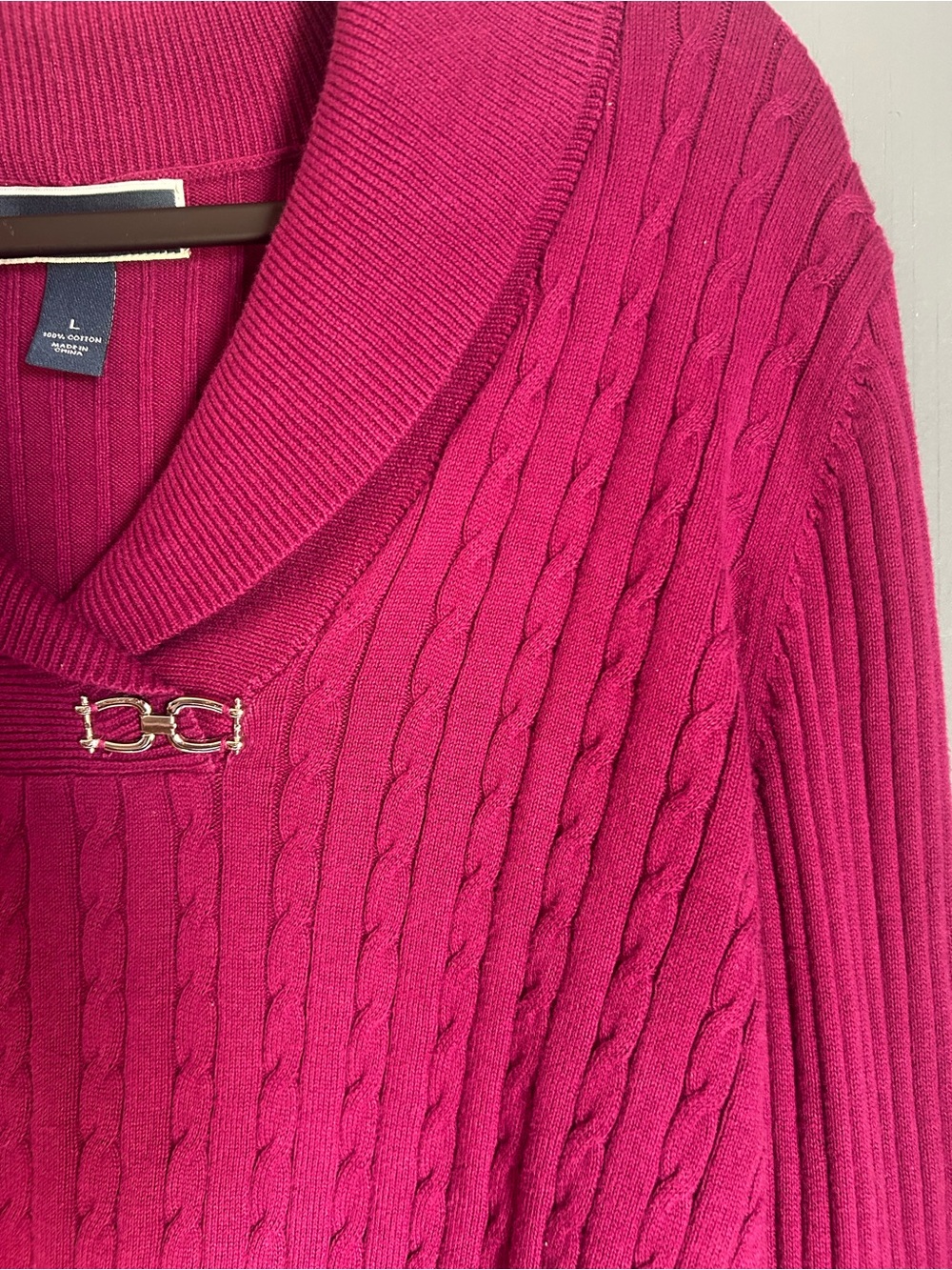 Karen Scott Magenta Cotton Cable Knit Sweater Shawl Neck Size Large - Picture 5 of 8
